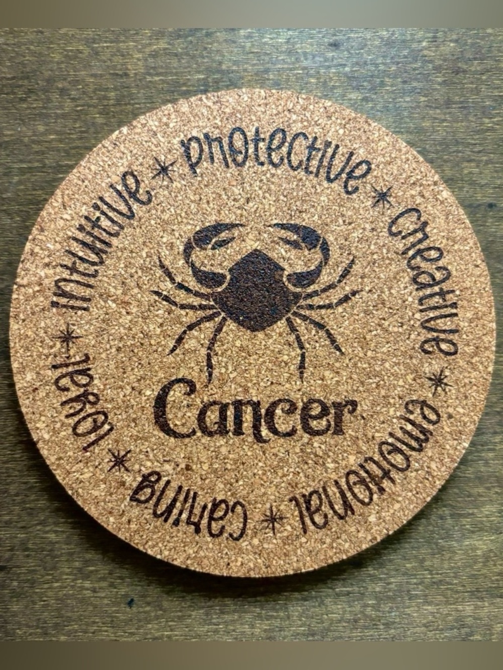 Cancer Zodiac Sign Encircled Laser Engraved Cork Coaster